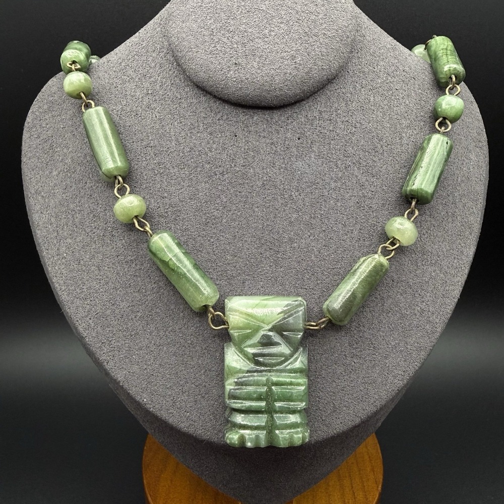 Vintage Carved Green Jade Tiki Pendant Barrel Bead Necklace Hongshan Sun God
